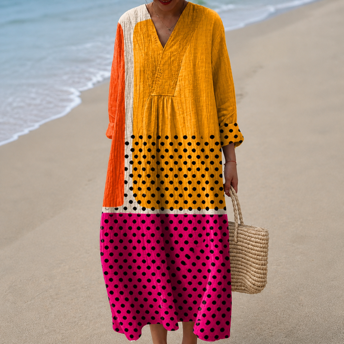 Vestido Naranja con Lunares Rosas y Negros