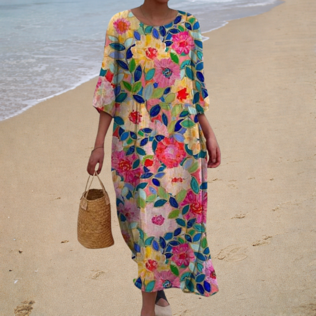 Vestido Largo Turquesa con Flores de Colores