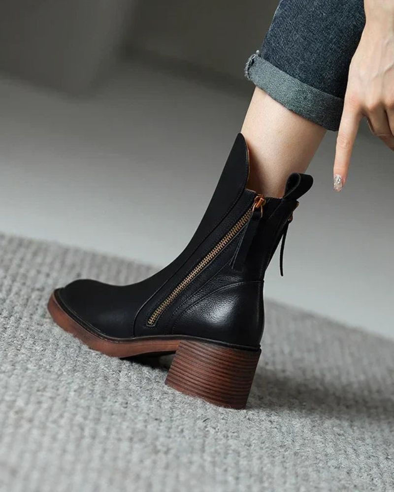 Camille | Botines de Cuero con Tacón Medio y Cremallera Dorada