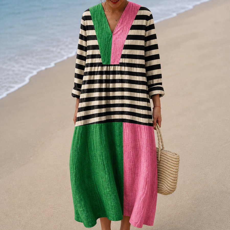 Vestido de Rayas con Falda Verde y Fucsia