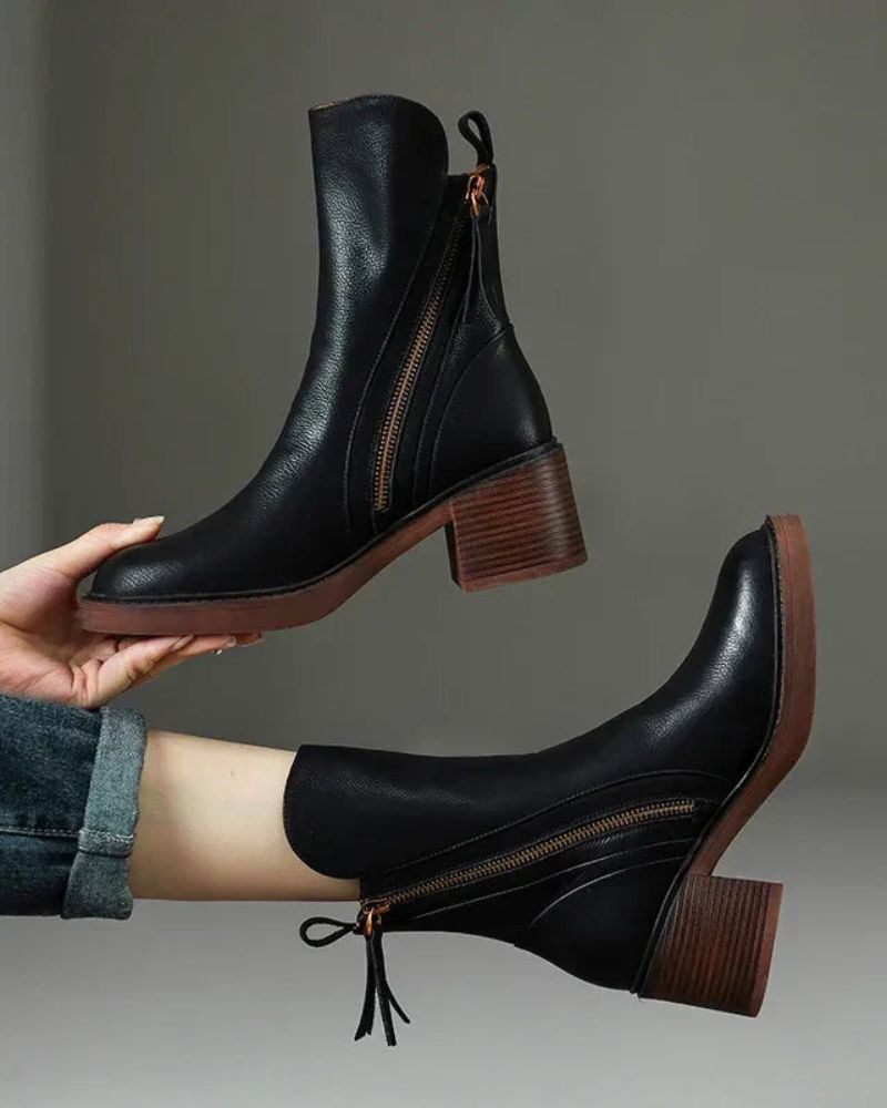 Camille | Botines de Cuero con Tacón Medio y Cremallera Dorada