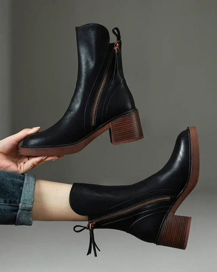 Camille | Botines de Cuero con Tacón Medio y Cremallera Dorada