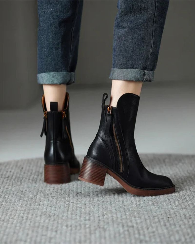 Camille | Botines de Cuero con Tacón Medio y Cremallera Dorada