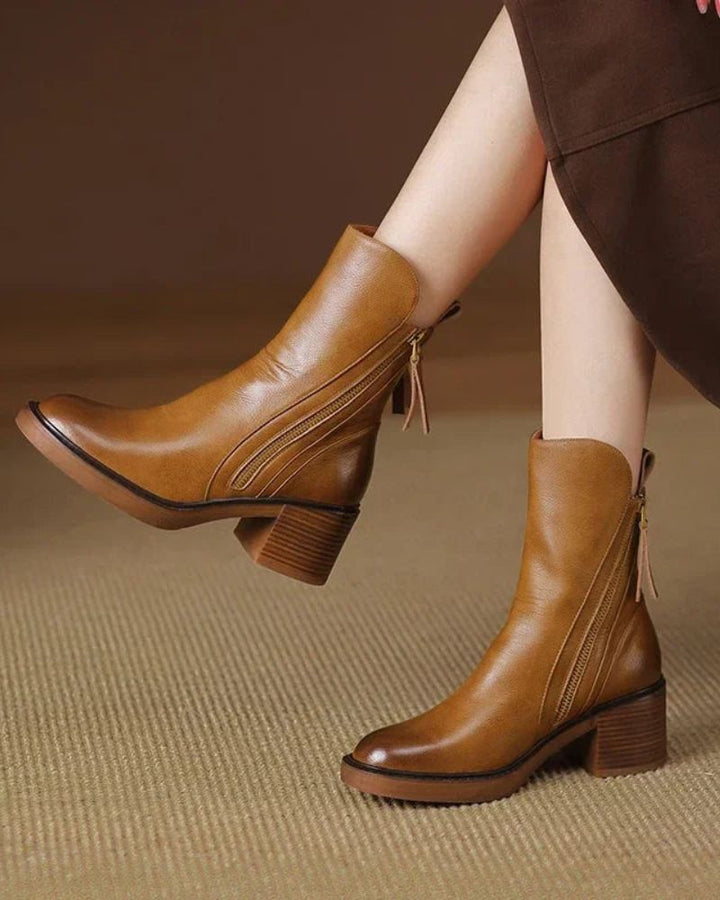 Camille | Botines de Cuero con Tacón Medio y Cremallera Dorada