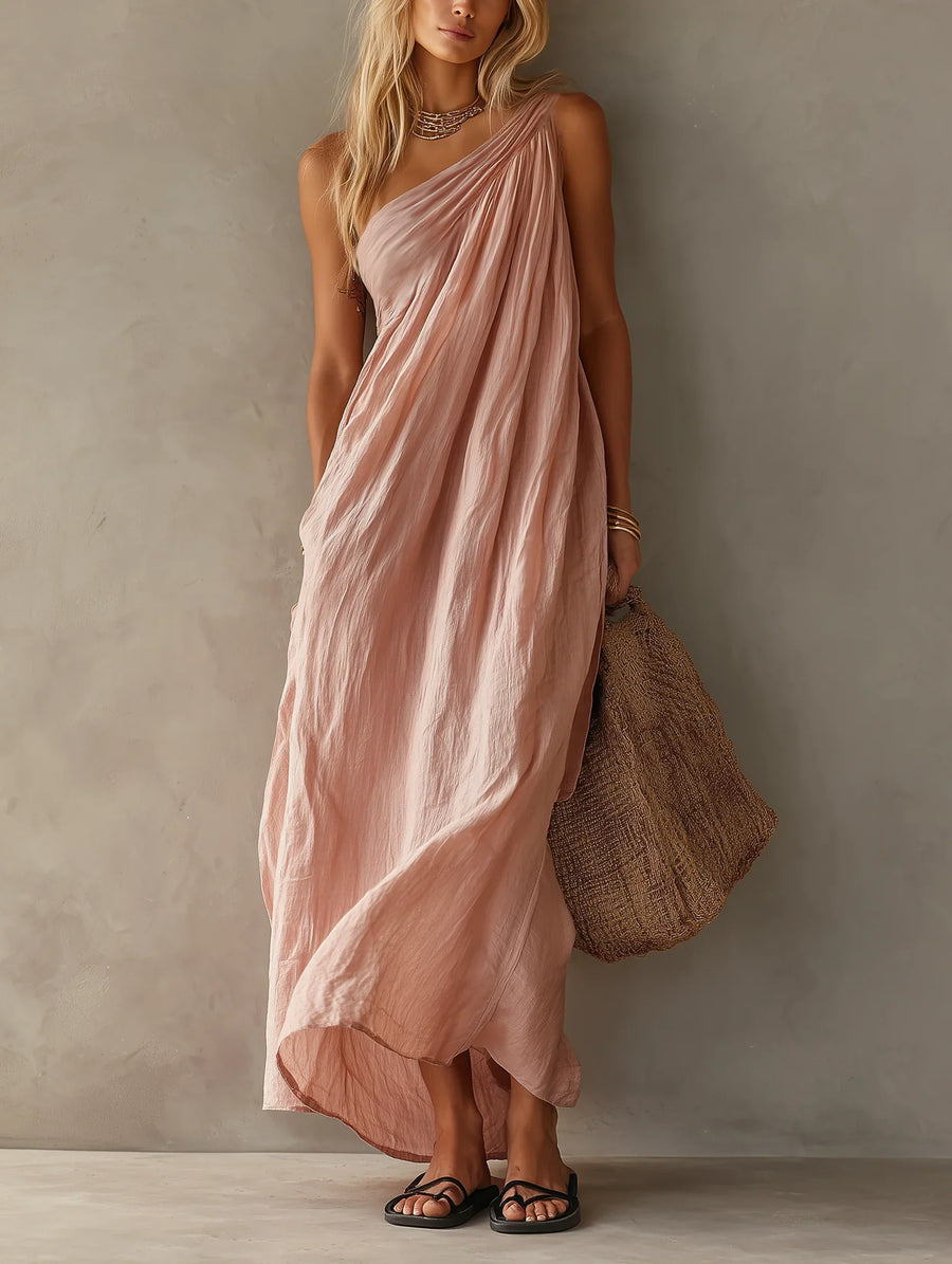 Vestido maxi elegante, sin mangas, con diseño de un solo hombro