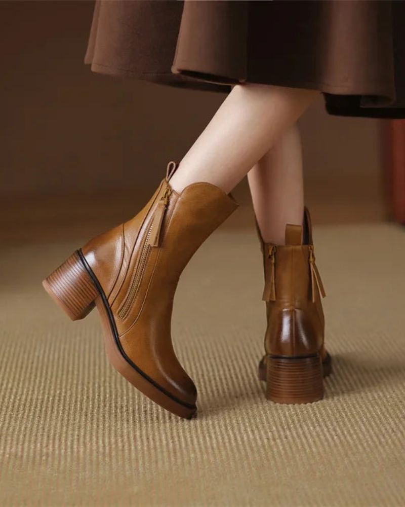 Camille | Botines de Cuero con Tacón Medio y Cremallera Dorada