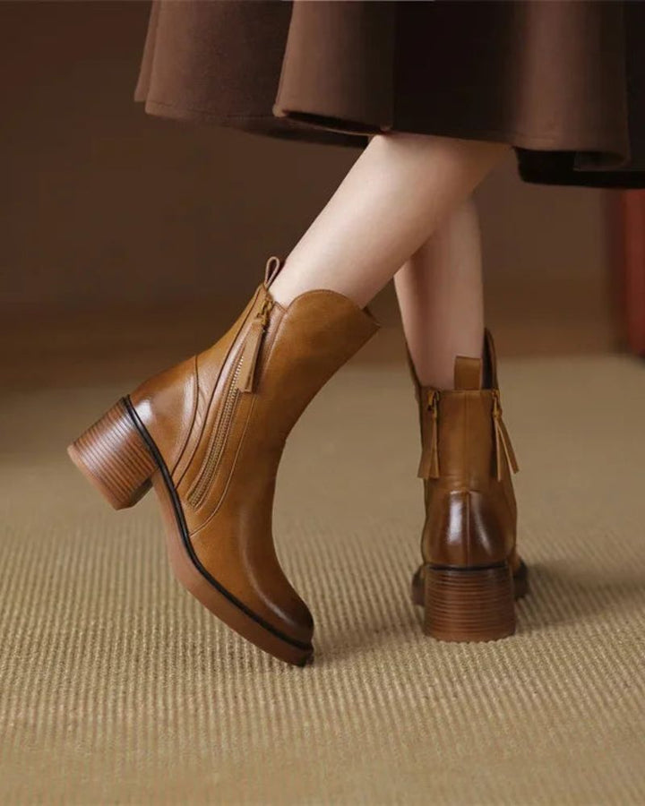 Camille | Botines de Cuero con Tacón Medio y Cremallera Dorada