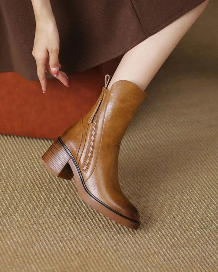 Camille | Botines de Cuero con Tacón Medio y Cremallera Dorada