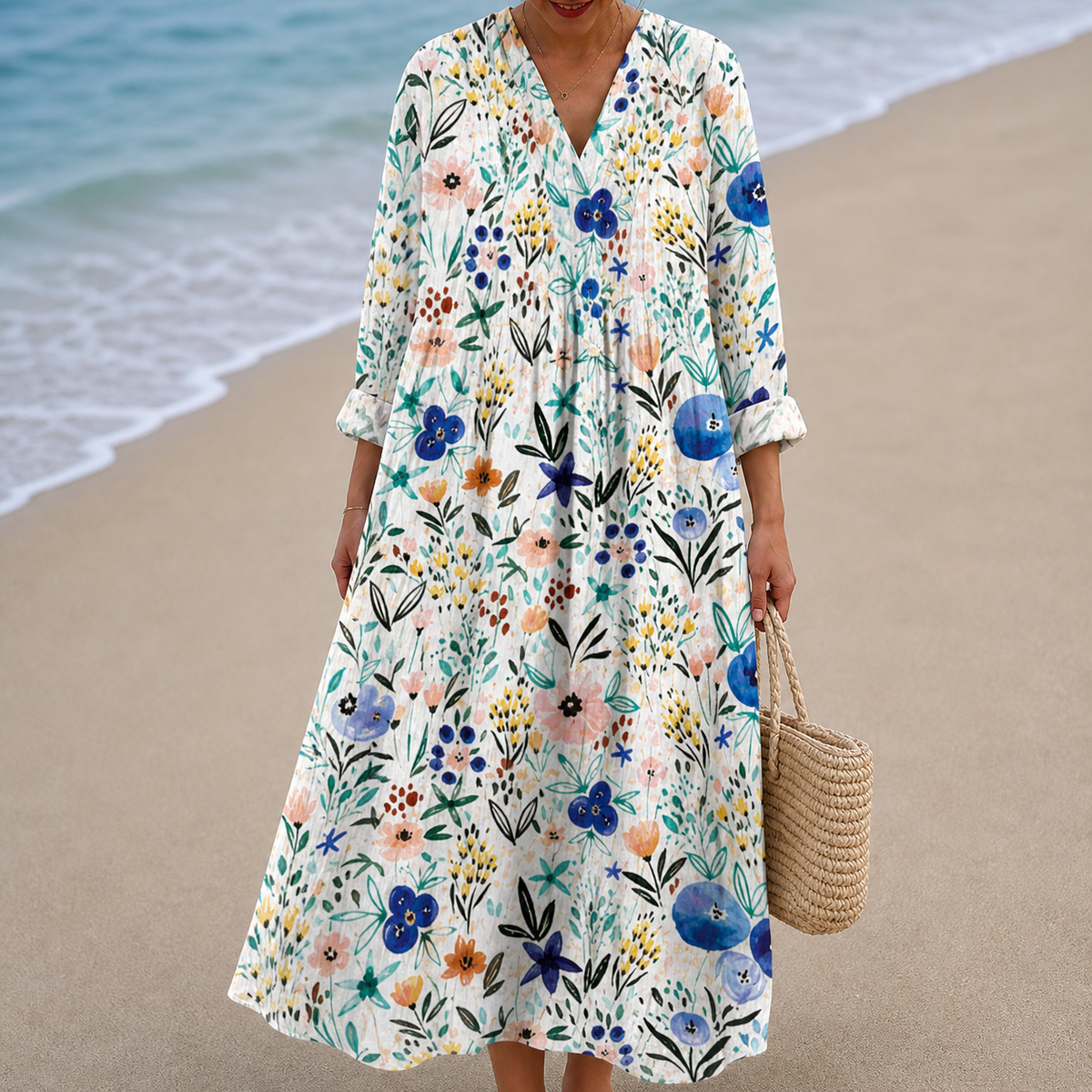 Vestido Blanco con Flores Silvestres Azules