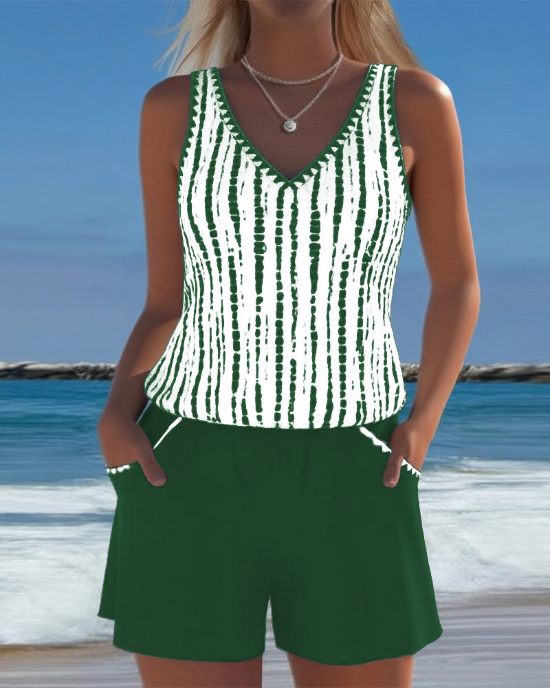 Maillot de baño casual con bolsillos y escote en V de dos piezas