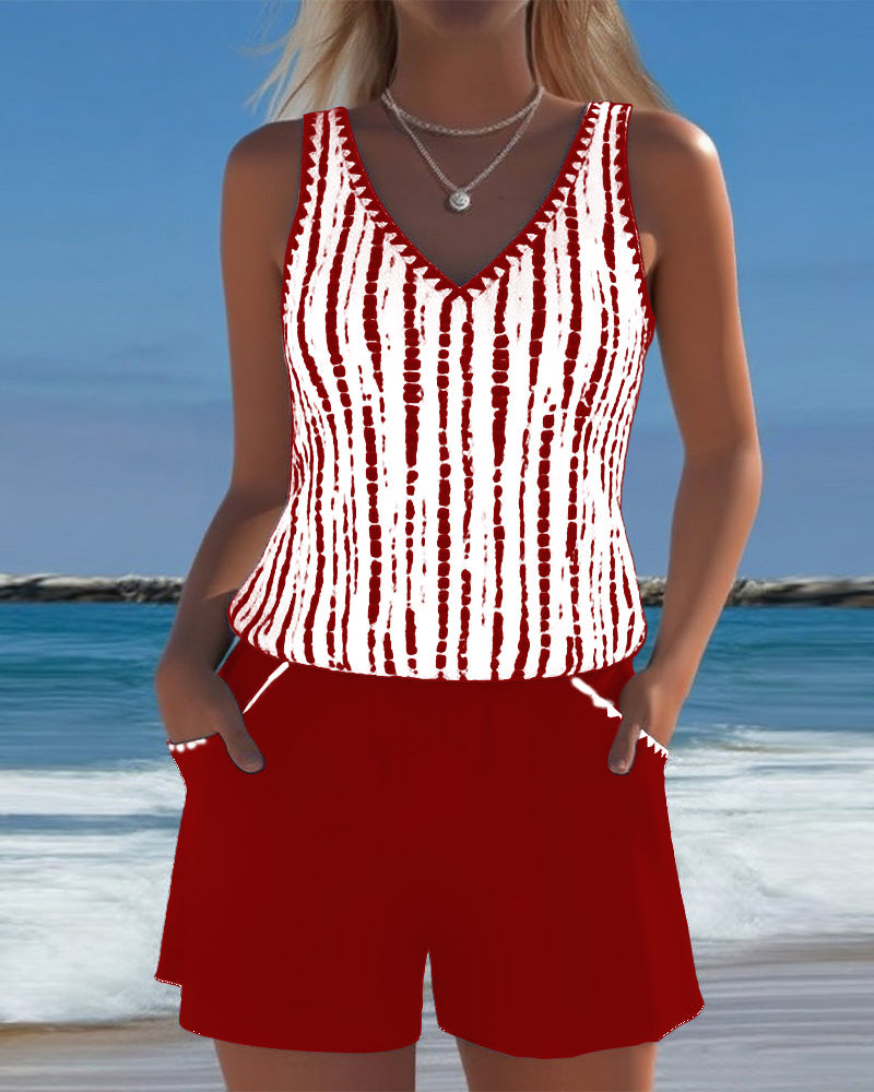 Maillot de baño casual con bolsillos y escote en V de dos piezas