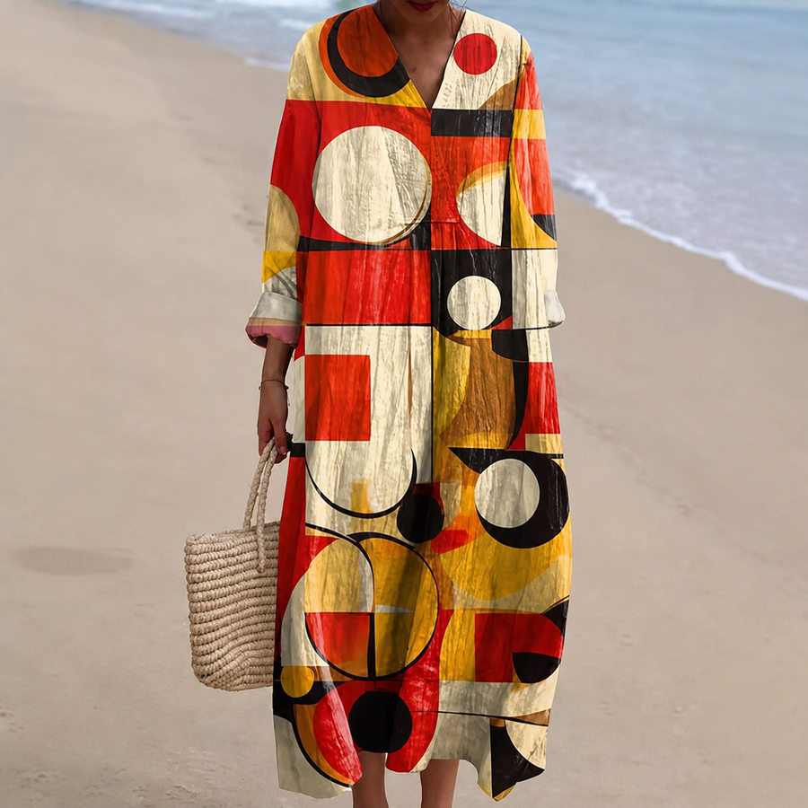 Vestido Rojo y Amarillo de Formas Geométricas