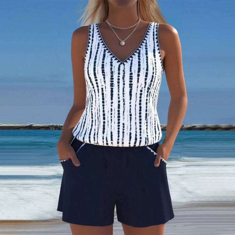 Maillot de baño casual con bolsillos y escote en V de dos piezas