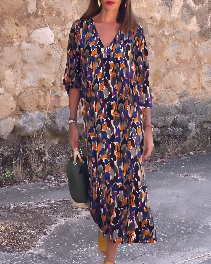 Anaëlle™ | Vestido Retro Impreso con Cuello en V