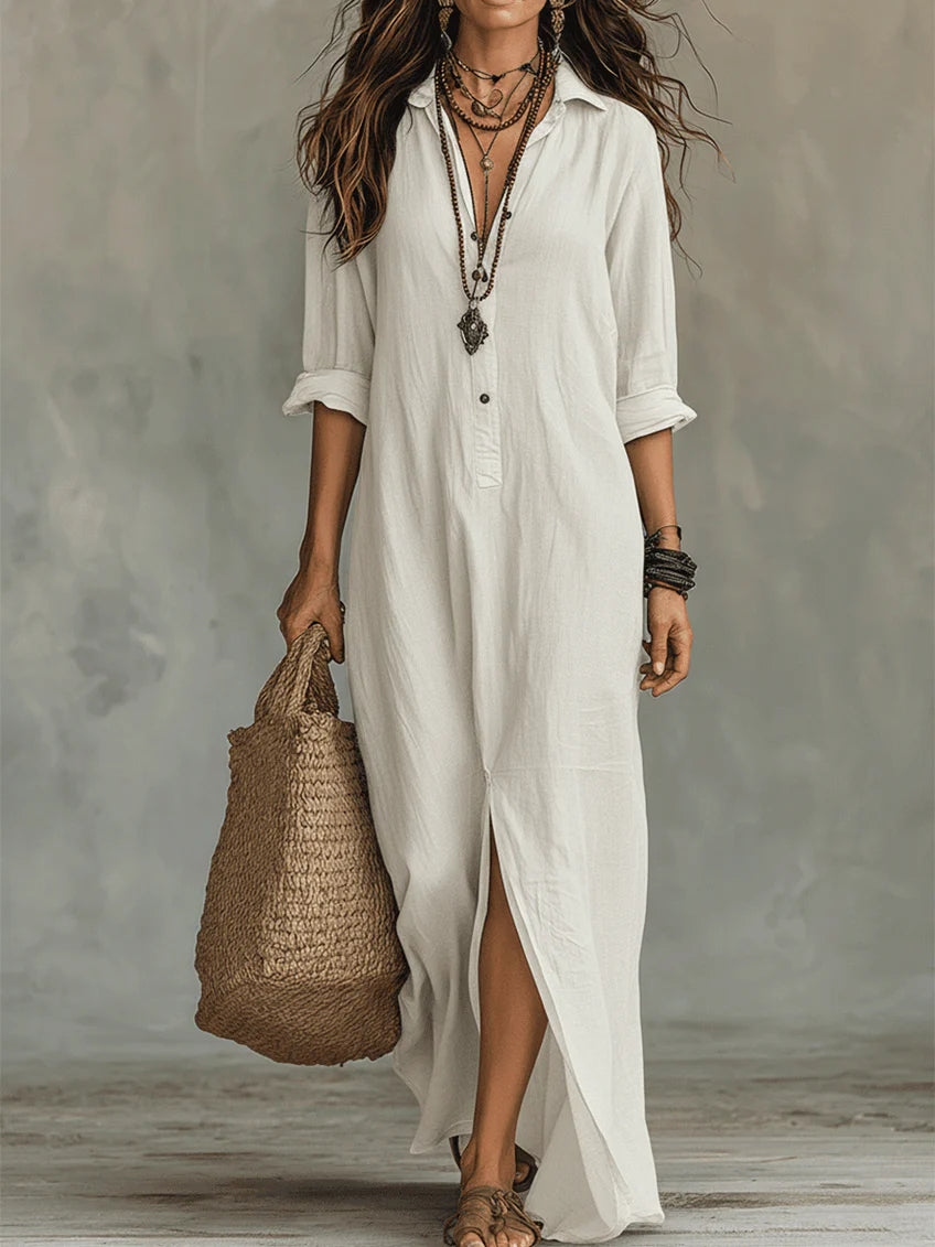 Soline™ | Vestido maxi negro de corte largo con botones
