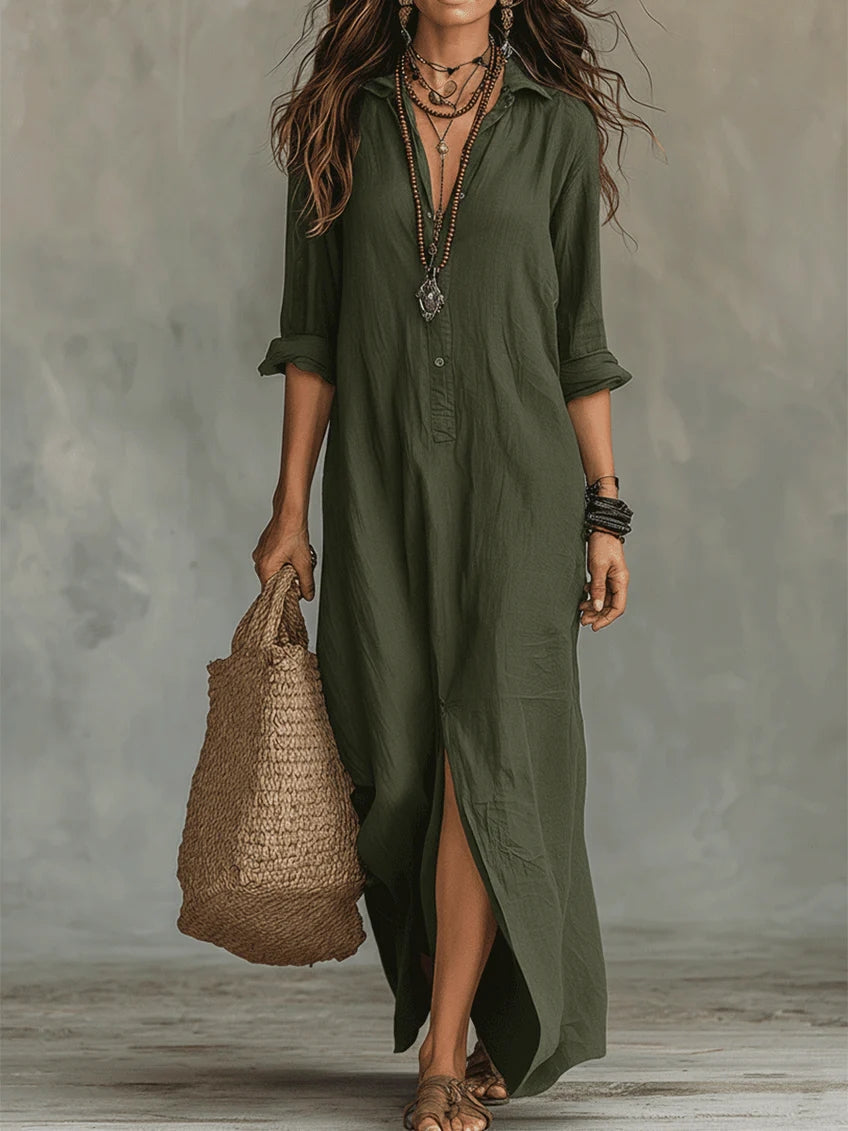Soline™ | Vestido maxi negro de corte largo con botones