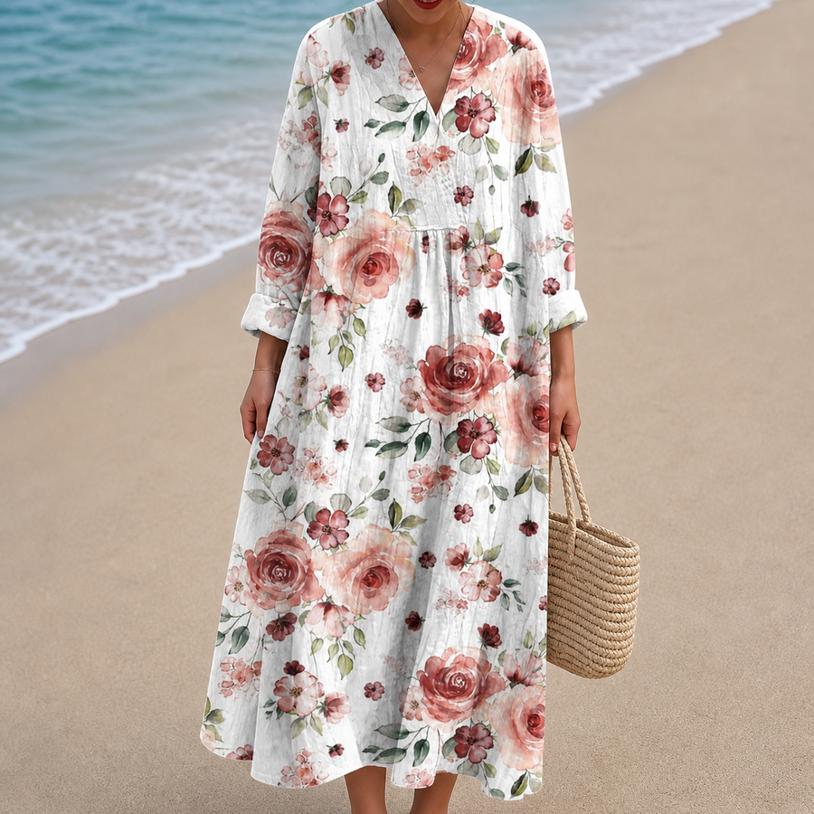 Vestido Blanco con Rosas de Té y Hojas