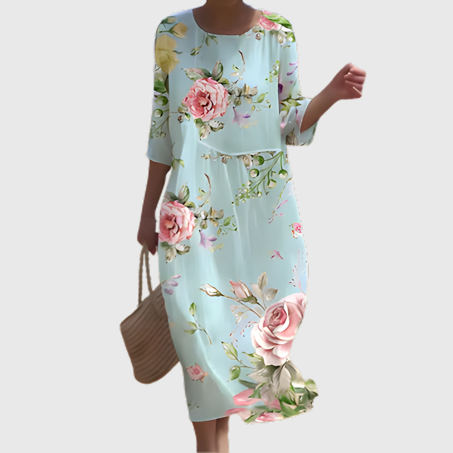 Vestido Largo Verde Agua con Rosas Rosas
