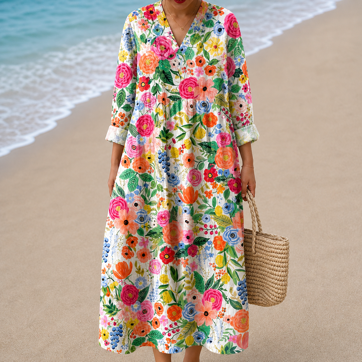Vestido Blanco con Flores Alegres de Colores