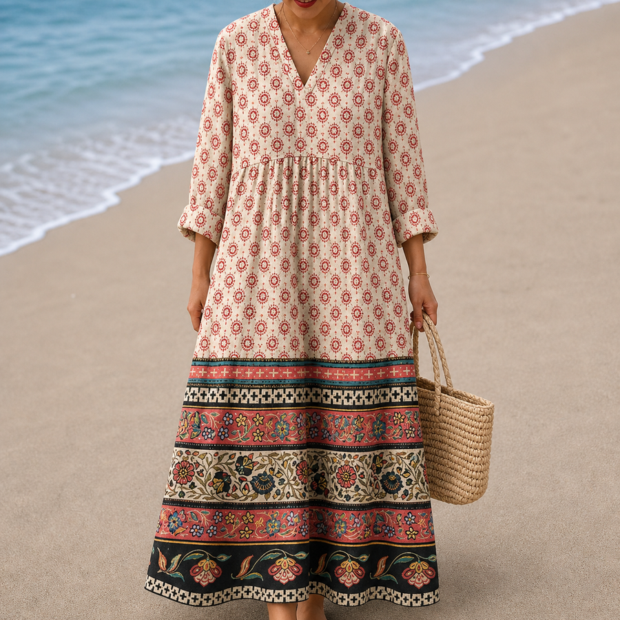 Vestido Rosa Palo con Cenefa Étnica al Bajo