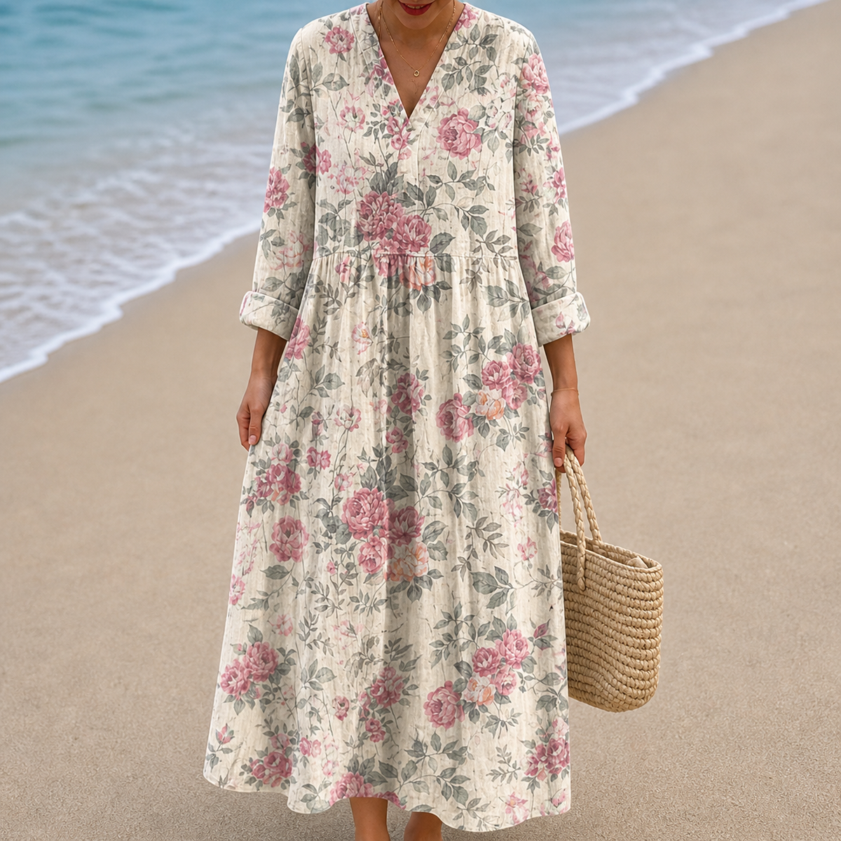 Vestido Crudo con Rosas Rosas Estampadas