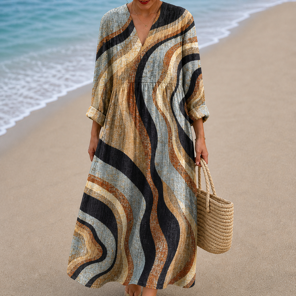 Vestido Beis con Ondas Negras Abstractas