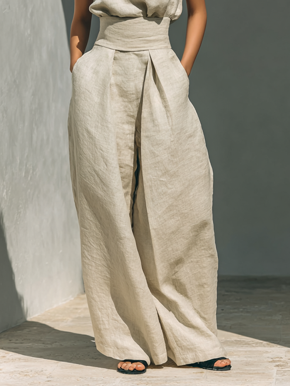 Conjunto compuesto por una blusa sin mangas y pantalones de pierna ancha, en una tela mixta de algodón y lino