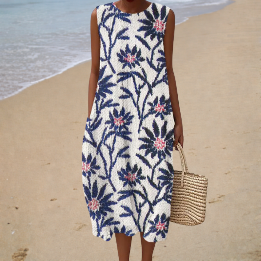 Vestido Blanco con Ramas Florales Marinas