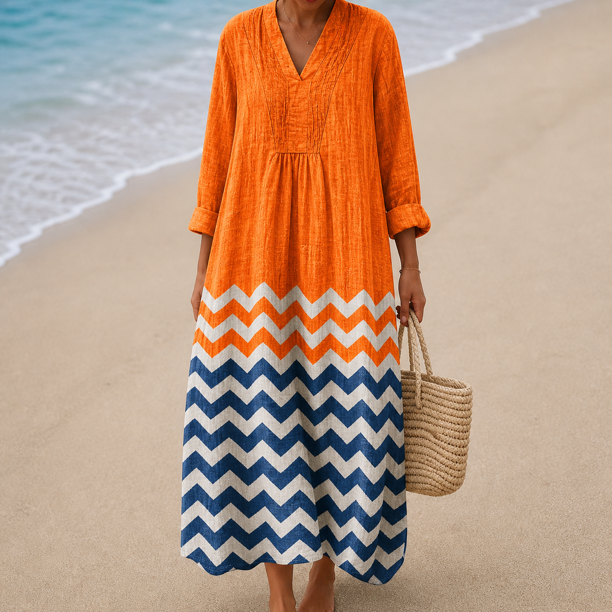 Vestido Naranja con Zigzag Azul en el Bajo