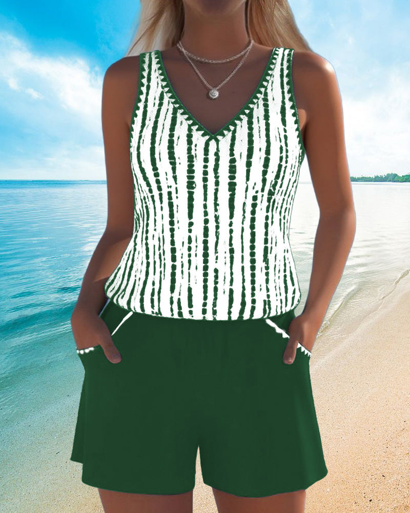 Maillot de baño casual con bolsillos y escote en V de dos piezas