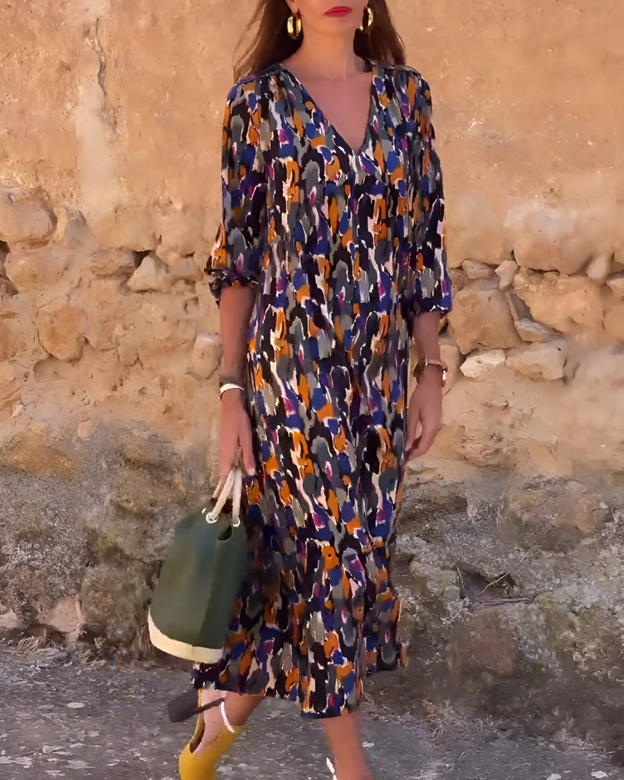 Anaëlle™ | Vestido Retro Impreso con Cuello en V