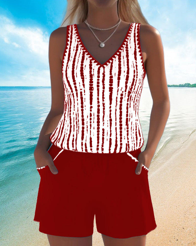 Maillot de baño casual con bolsillos y escote en V de dos piezas