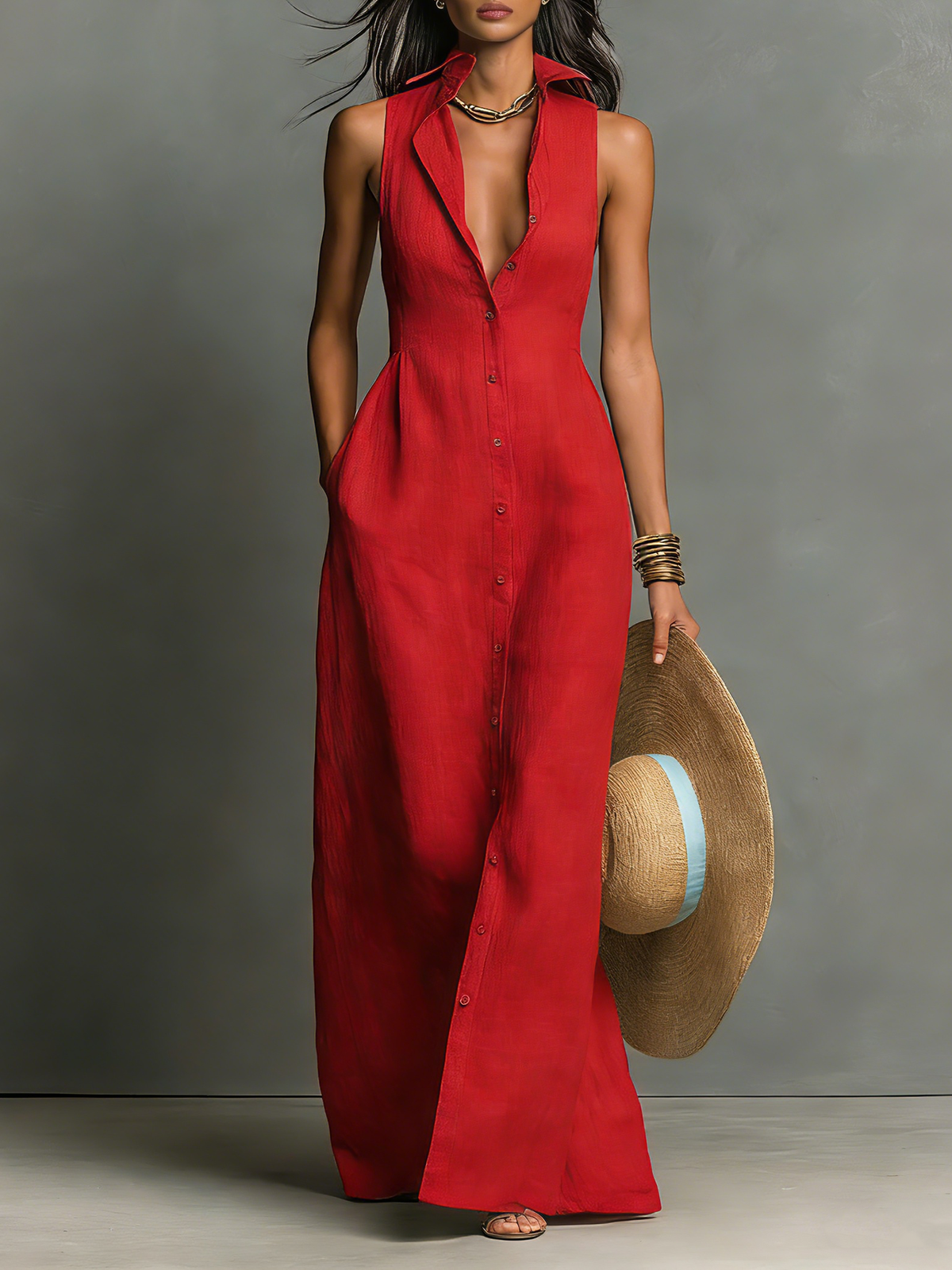 Vestido-camisa maxi minimalista, de una sola fila de botones, sin mangas y con cuello
