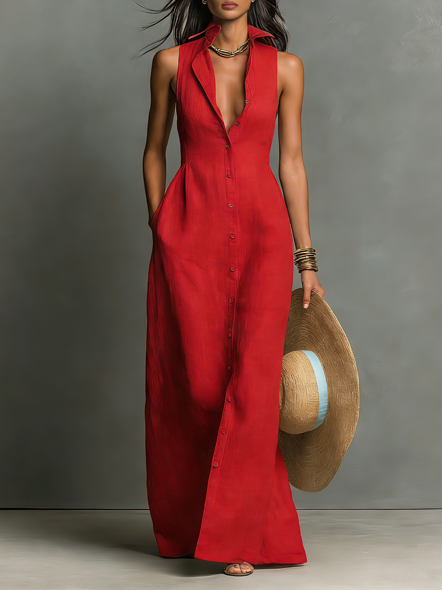 Vestido-camisa maxi minimalista, de una sola fila de botones, sin mangas y con cuello