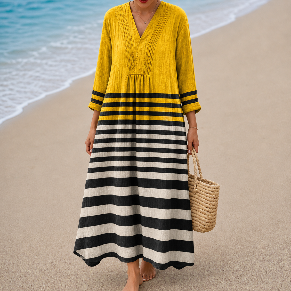 Vestido Amarillo con Falda de Rayas Negras
