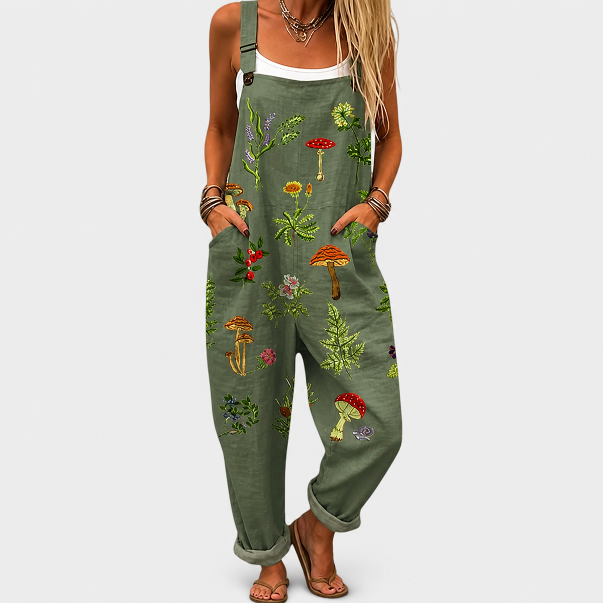 Peto Verde Oliva con Setas y Plantas