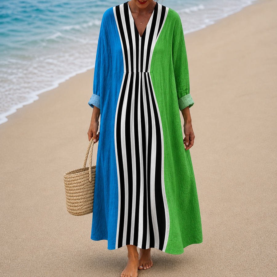Vestido Azul y Verde con Rayas Blanquinegras