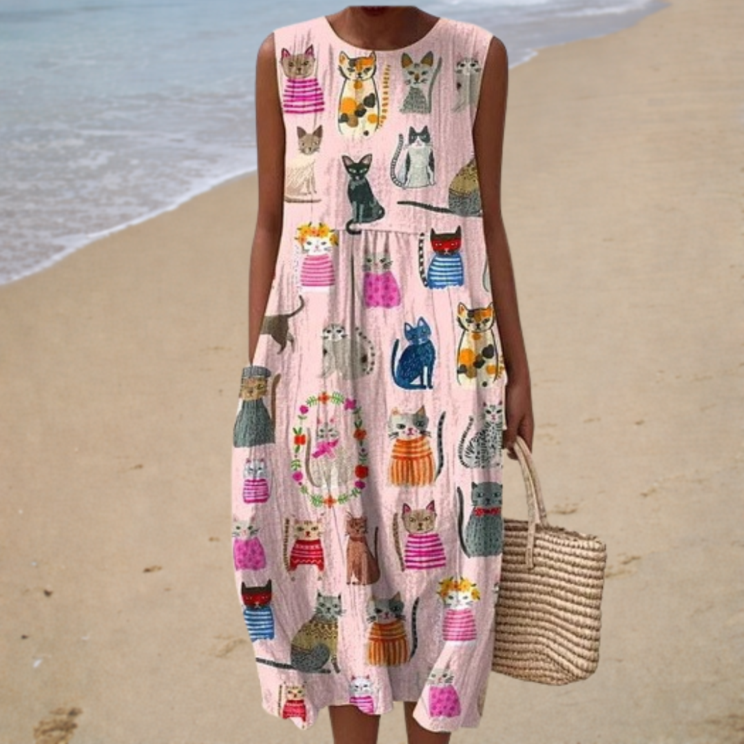 Vestido sin Mangas Rosa con Gatos Estampados