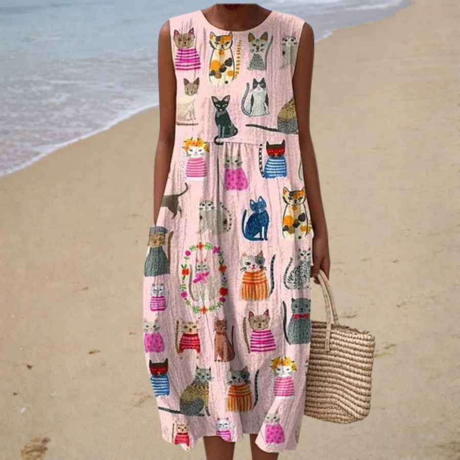 Vestido sin Mangas Rosa con Gatos Estampados