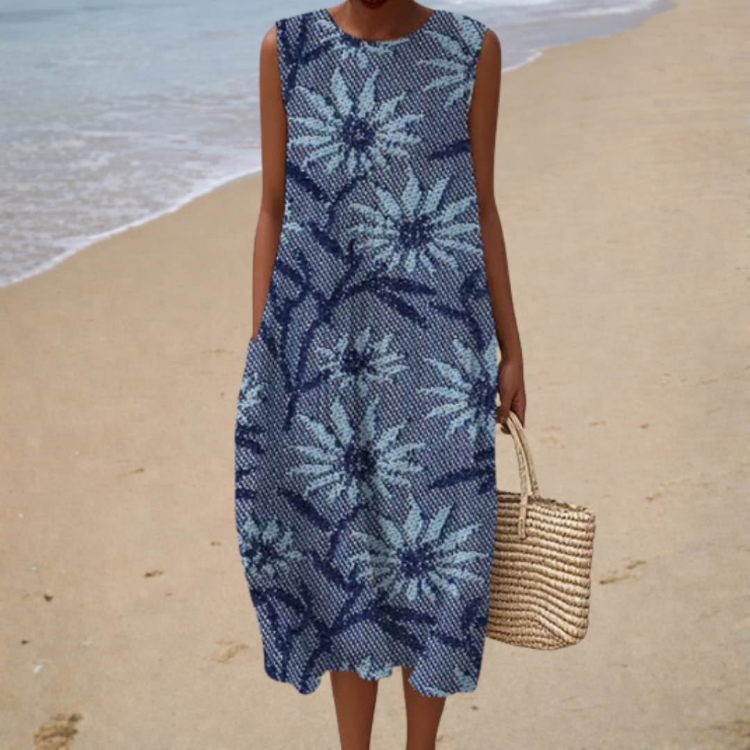 Vestido sin Mangas Azul Marino con Margaritas