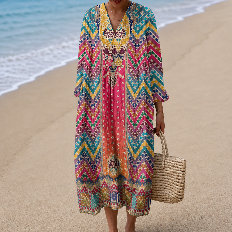 Vestido Rosa y Turquesa de Zigzag Étnico