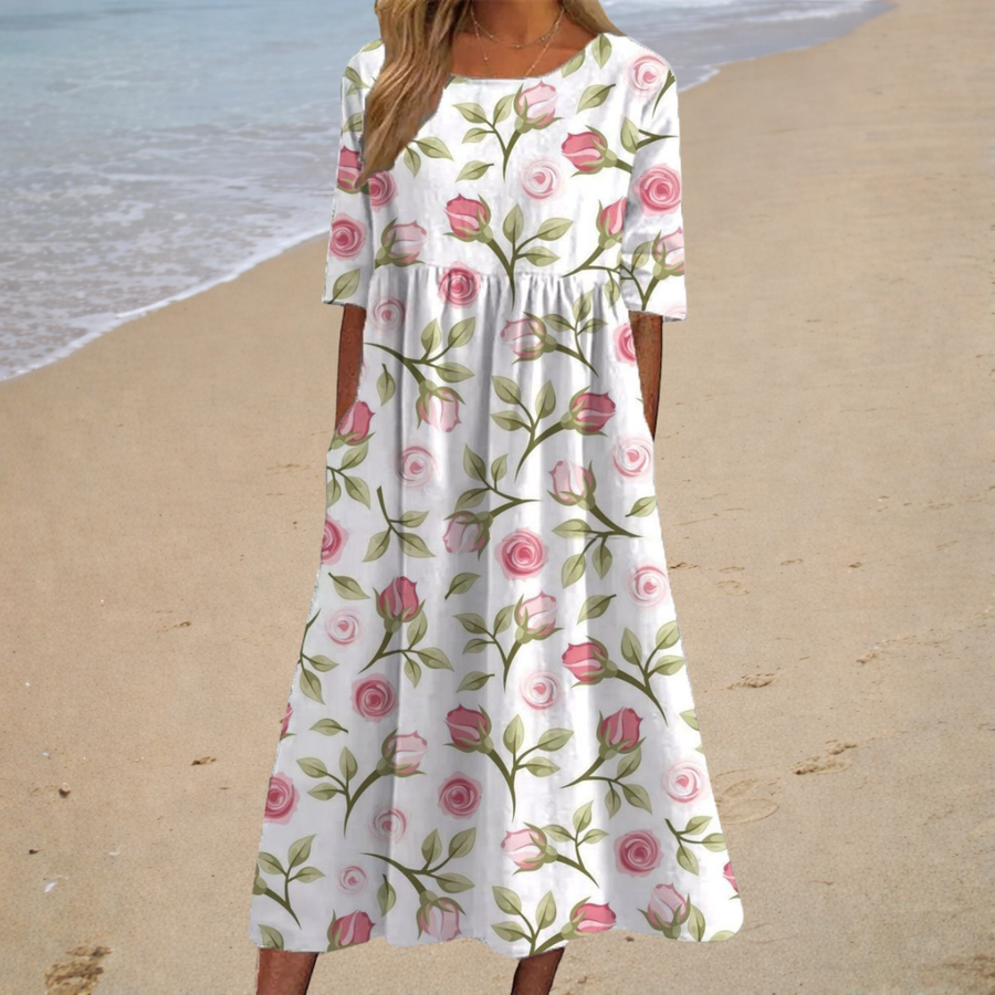 Vestido Largo Blanco con Rosas y Hojas Verdes