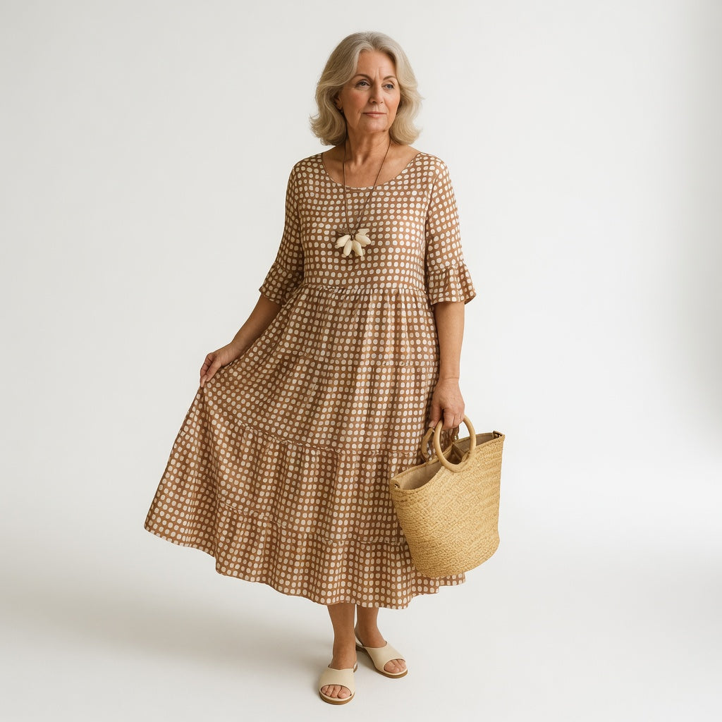 Noémie™ — Vestido midi fluido elegante natural