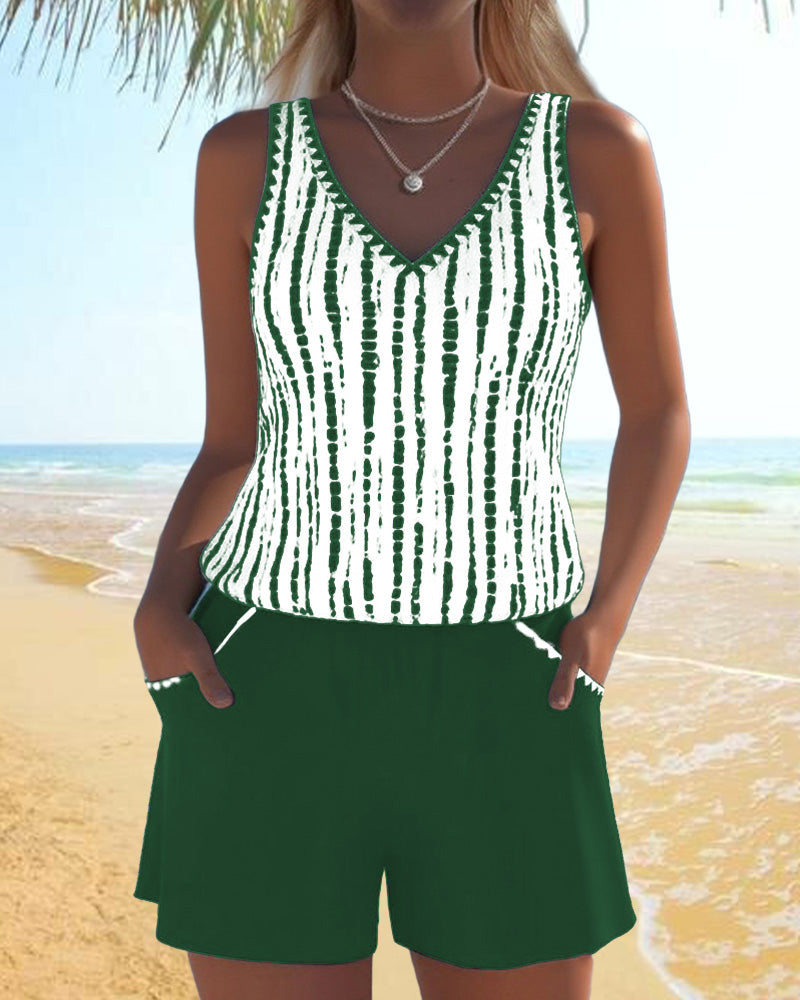 Maillot de baño casual con bolsillos y escote en V de dos piezas