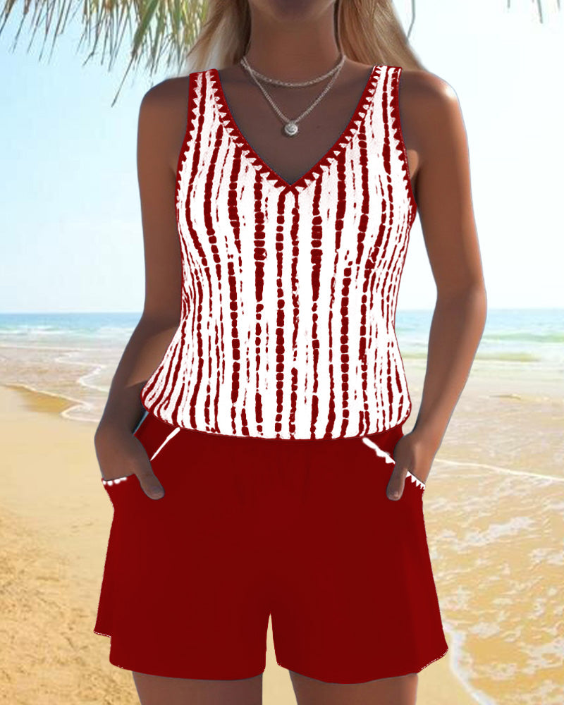 Maillot de baño casual con bolsillos y escote en V de dos piezas