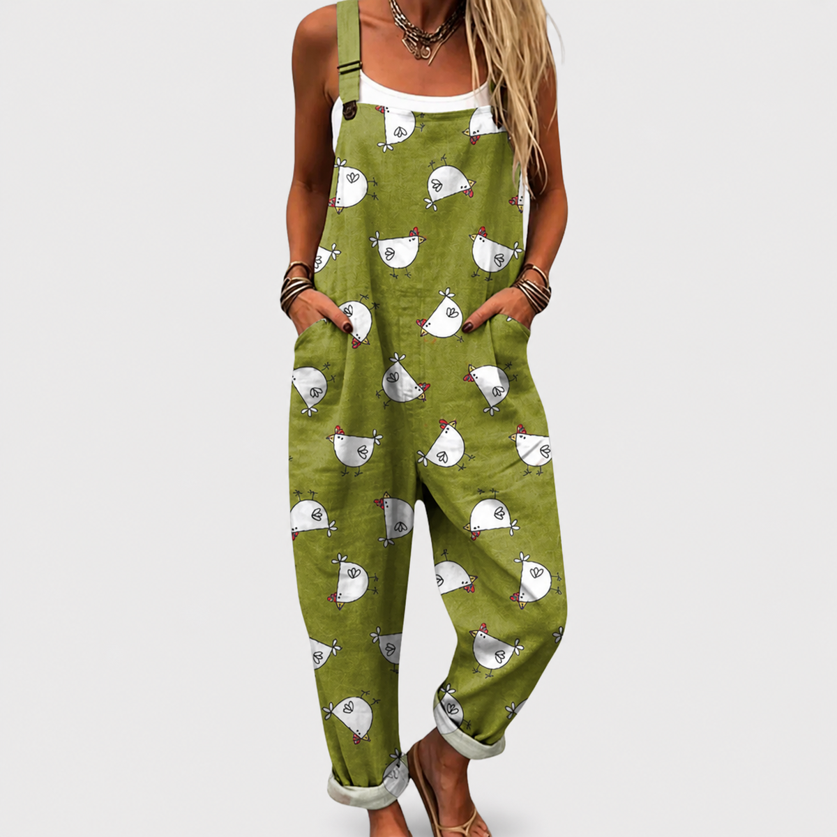 Peto Verde Oliva con Gallinas Blancas