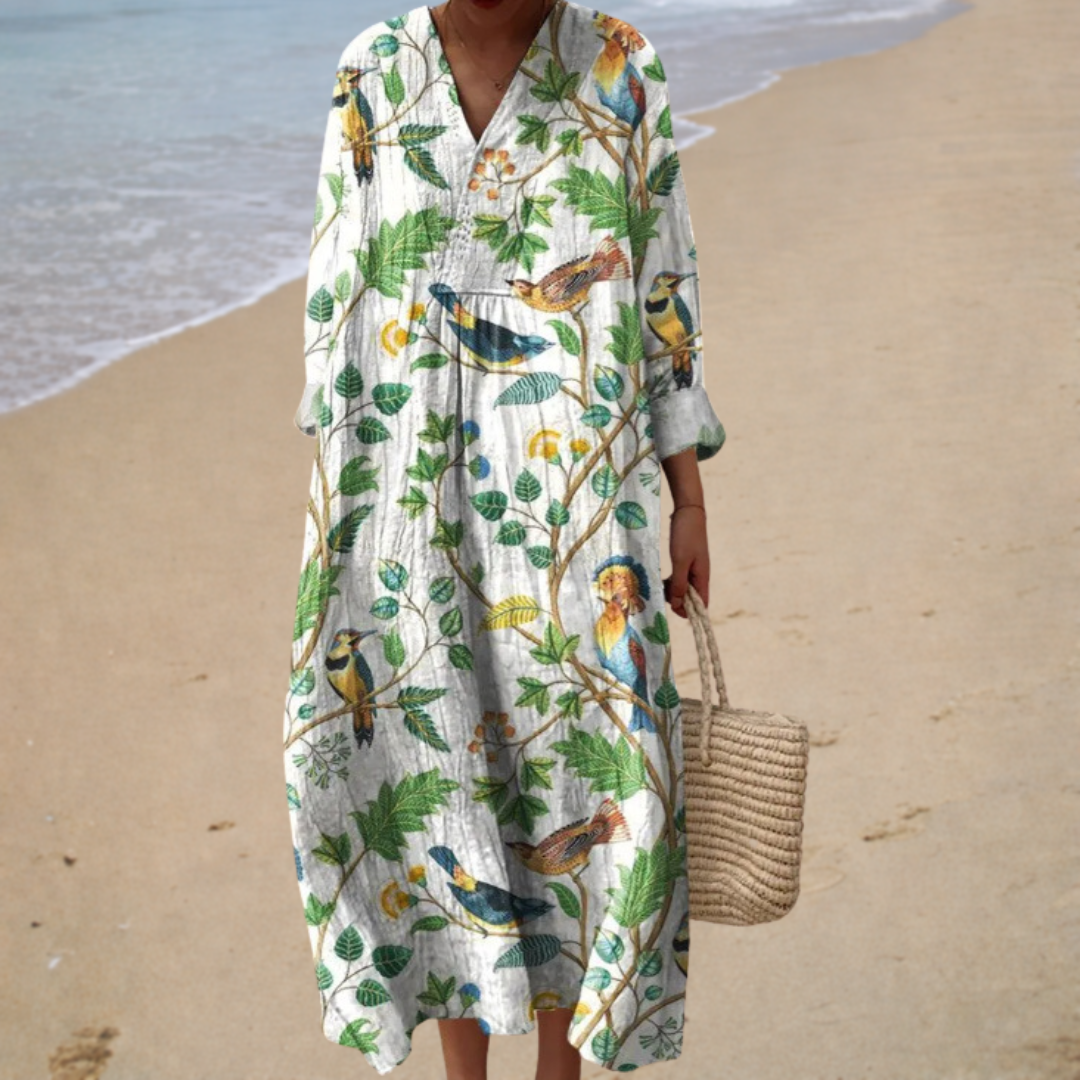 Vestido de Verano Blanco con Hojas y Pájaros