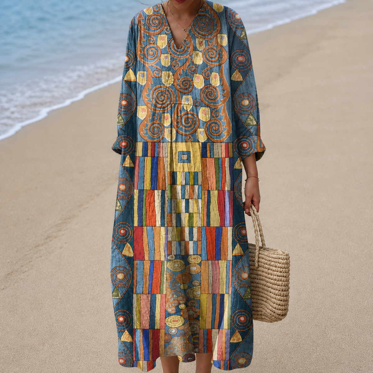 Vestido Azul de Mosaico Multicolor y Retales