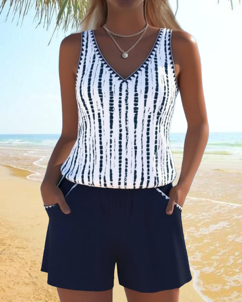 Maillot de baño casual con bolsillos y escote en V de dos piezas