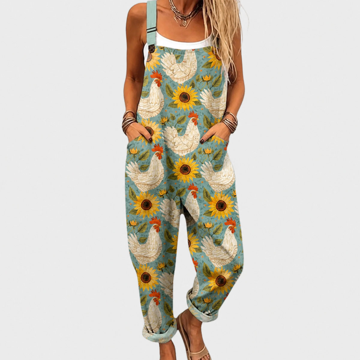 Peto Verde con Girasoles y Gallinas